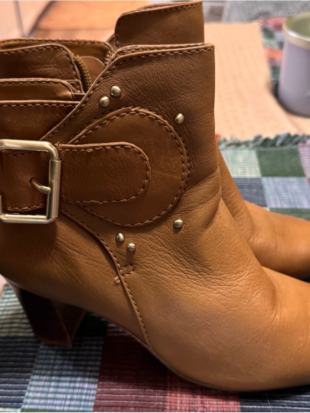 ANTONIO MELANI Cognac Leather Ankle Booties with Buckle & Studs